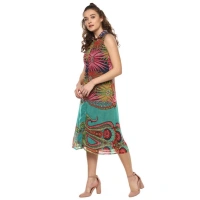 Women's Polyester Floral Sleeveless Below Knee Dress (Multicolor) - M