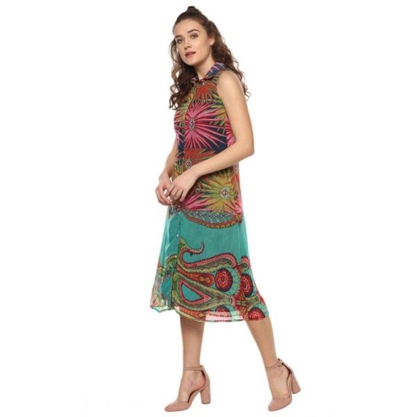 Women's Polyester Floral Sleeveless Below Knee Dress (Multicolor) - M