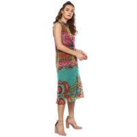 Women's Polyester Floral Sleeveless Below Knee Dress (Multicolor) - M