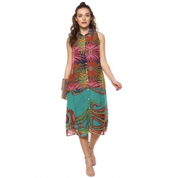 Women's Polyester Floral Sleeveless Below Knee Dress (Multicolor) - M