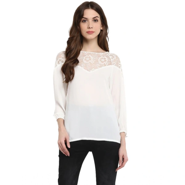 Women's Polyester Georgette Self Design 3-4th Sleeves Regular Top (White) - S