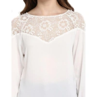 Women's Polyester Georgette Self Design 3-4th Sleeves Regular Top (White) - S