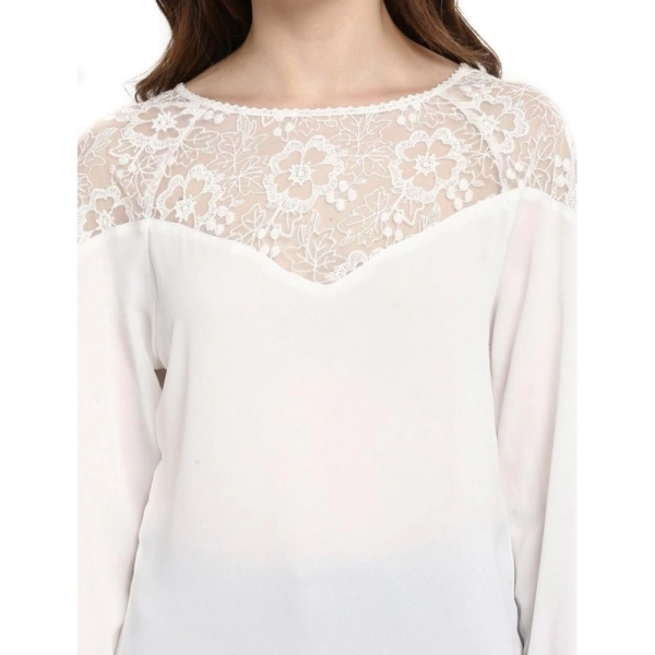 Women's Polyester Georgette Self Design 3-4th Sleeves Regular Top (White) - S