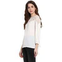 Women's Polyester Georgette Self Design 3-4th Sleeves Regular Top (White) - S