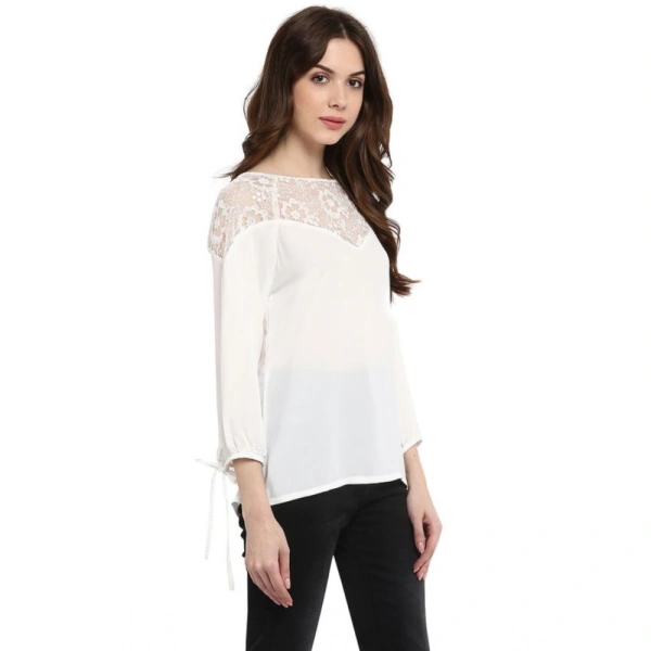 Women's Polyester Georgette Self Design 3-4th Sleeves Regular Top (White) - S