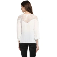 Women's Polyester Georgette Self Design 3-4th Sleeves Regular Top (White) - S