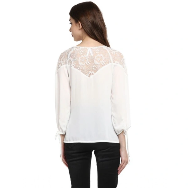 Women's Polyester Georgette Self Design 3-4th Sleeves Regular Top (White) - S