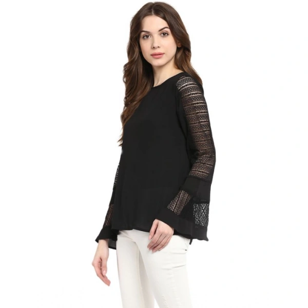 Women's Polyester Georgette Self Design Bell Sleeve Regular Top (Black) - XL