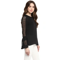 Women's Polyester Georgette Self Design Bell Sleeve Regular Top (Black) - XL