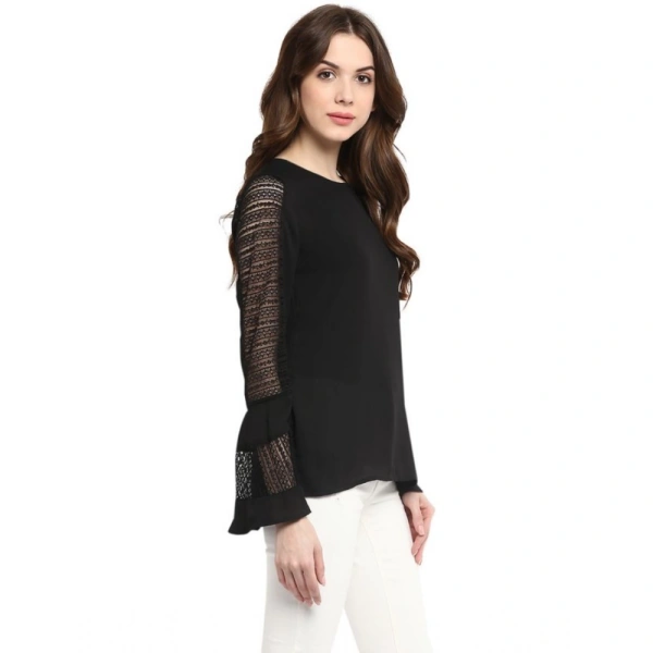 Women's Polyester Georgette Self Design Bell Sleeve Regular Top (Black) - XL