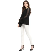 Women's Polyester Georgette Self Design Bell Sleeve Regular Top (Black) - XL