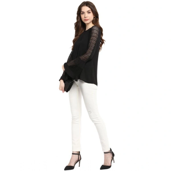 Women's Polyester Georgette Self Design Bell Sleeve Regular Top (Black) - XL
