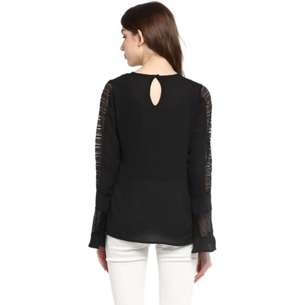 Women's Polyester Georgette Self Design Bell Sleeve Regular Top (Black) - XL