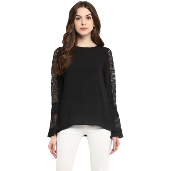 Women's Polyester Georgette Self Design Bell Sleeve Regular Top (Black) - XL