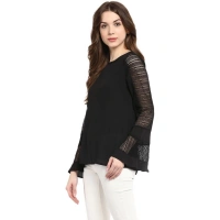Women's Polyester Georgette Self Design Bell Sleeve Regular Top (Black) - XL