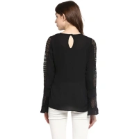 Women's Polyester Georgette Self Design Bell Sleeve Regular Top (Black) - XL