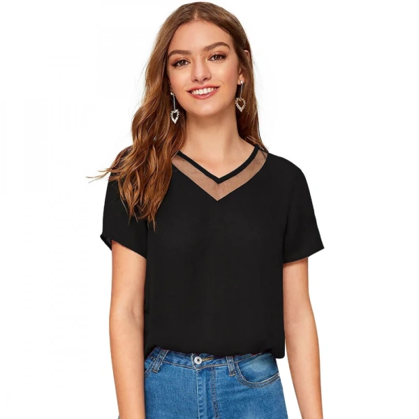 Shopnav Women's Polyester, Knitting Western Wear T-Shirt (Black) - L