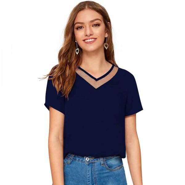 Shopnav Women's Polyester, Knitting Western Wear T-Shirt (Blue) - XL