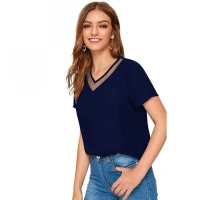 Shopnav Women's Polyester, Knitting Western Wear T-Shirt (Blue) - XL