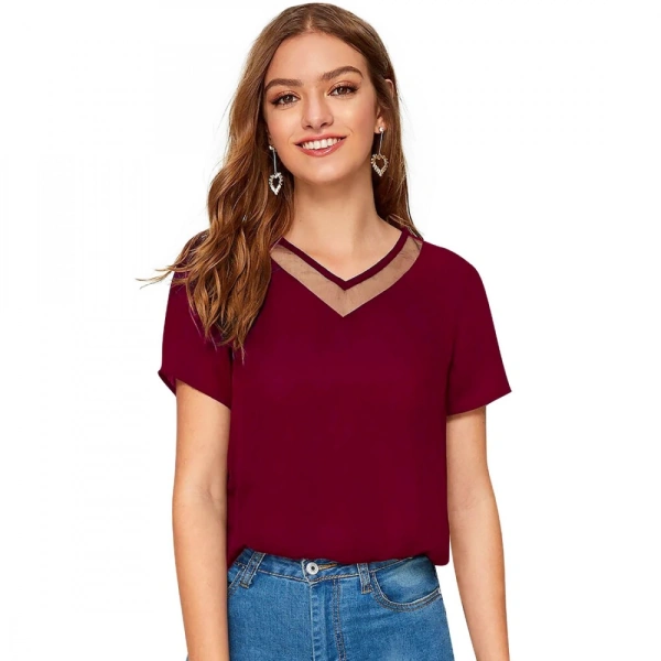 Shopnav Women's Polyester, Knitting Western Wear T-Shirt (Maroon) - XL