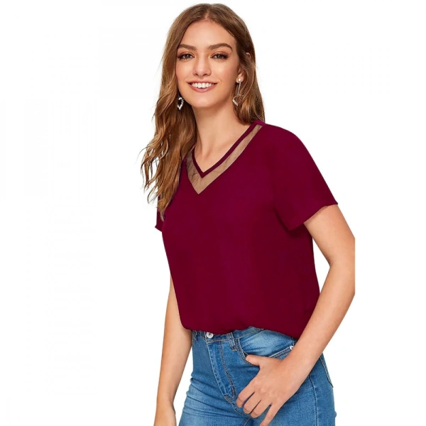 Shopnav Women's Polyester, Knitting Western Wear T-Shirt (Maroon) - XL