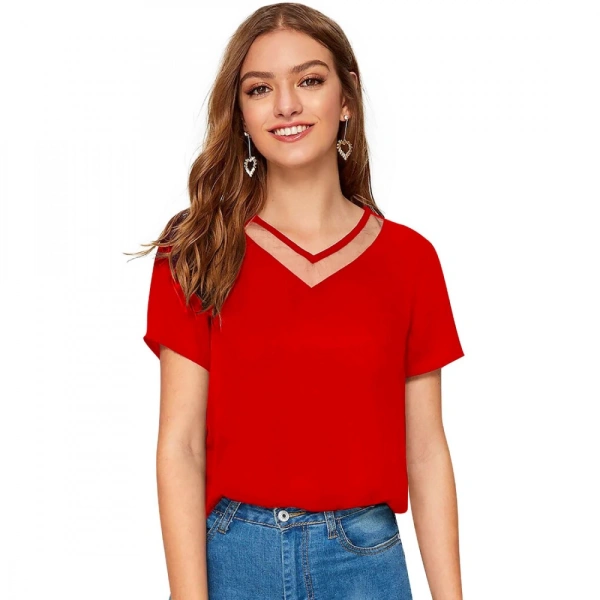 Shopnav Women's Polyester, Knitting Western Wear T-Shirt (Red) - XL