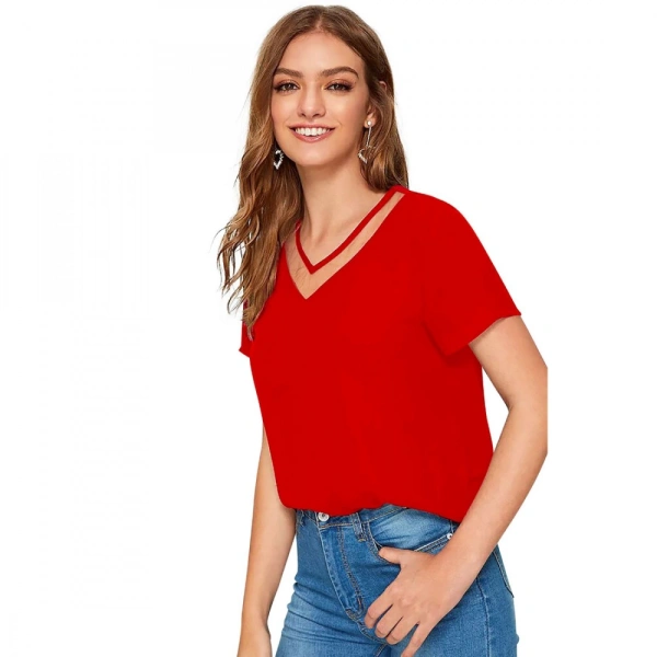 Shopnav Women's Polyester, Knitting Western Wear T-Shirt (Red) - XL