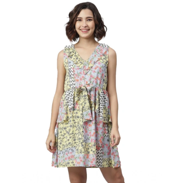 Women's Polyester Peplum Sleeveless Above Knee Dress (Multicolor) - M