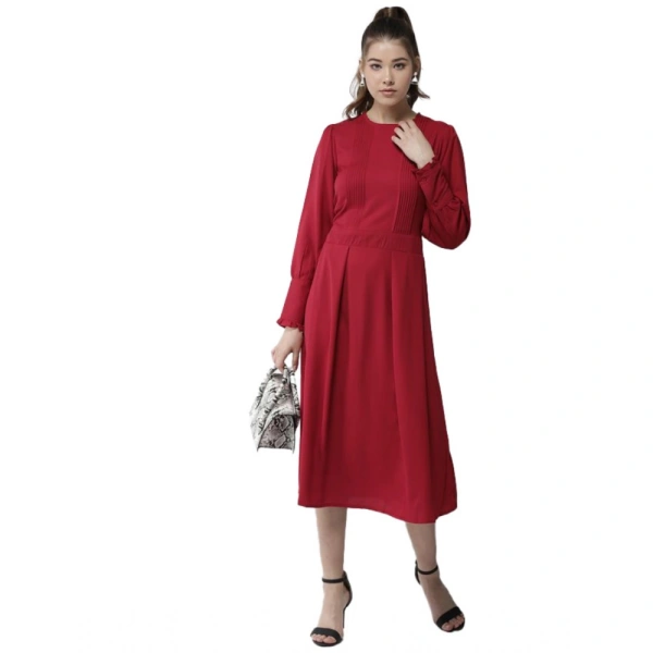 Women's Polyester Pintuck Long Sleeves Below Knee Dress (Red) - S