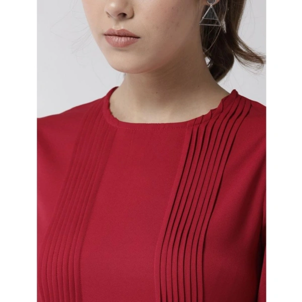 Women's Polyester Pintuck Long Sleeves Below Knee Dress (Red) - S
