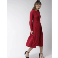 Women's Polyester Pintuck Long Sleeves Below Knee Dress (Red) - S