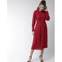 Women's Polyester Pintuck Long Sleeves Below Knee Dress (Red) - S