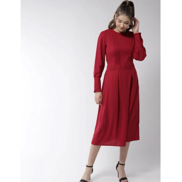 Women's Polyester Pintuck Long Sleeves Below Knee Dress (Red) - S