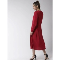 Women's Polyester Pintuck Long Sleeves Below Knee Dress (Red) - S