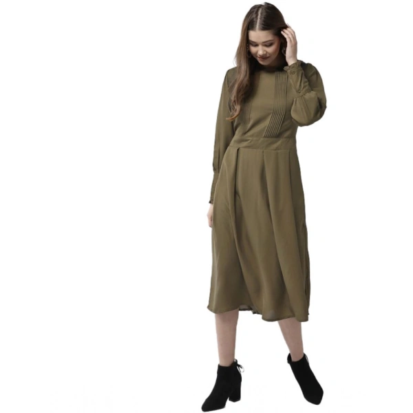 Women's Polyester Pintuck Long Sleeves Below Knee Dress (Olive) - S
