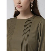 Women's Polyester Pintuck Long Sleeves Below Knee Dress (Olive) - S