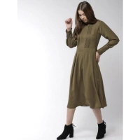 Women's Polyester Pintuck Long Sleeves Below Knee Dress (Olive) - S