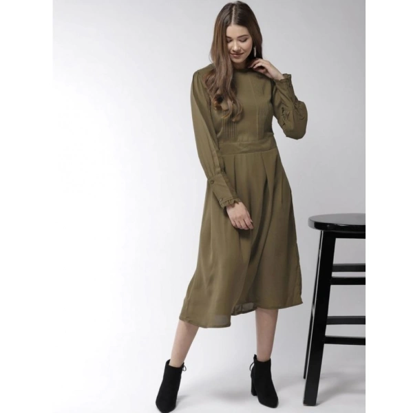Women's Polyester Pintuck Long Sleeves Below Knee Dress (Olive) - S