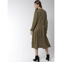 Women's Polyester Pintuck Long Sleeves Below Knee Dress (Olive) - S