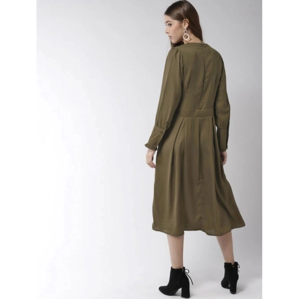 Women's Polyester Pintuck Long Sleeves Below Knee Dress (Olive) - S