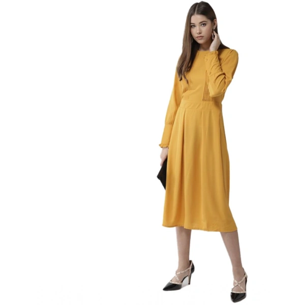 Women's Polyester Pintuck Long Sleeves Below Knee Dress (Yellow) - M