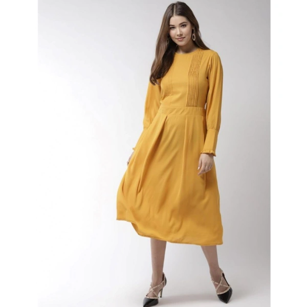 Women's Polyester Pintuck Long Sleeves Below Knee Dress (Yellow) - M