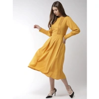 Women's Polyester Pintuck Long Sleeves Below Knee Dress (Yellow) - M