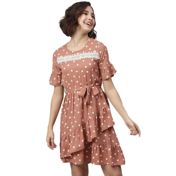 Women's Polyester Polka Bell Sleeve Above Knee Dress (Brown) - L