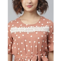 Women's Polyester Polka Bell Sleeve Above Knee Dress (Brown) - L
