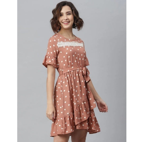Women's Polyester Polka Bell Sleeve Above Knee Dress (Brown) - L