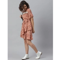 Women's Polyester Polka Bell Sleeve Above Knee Dress (Brown) - L