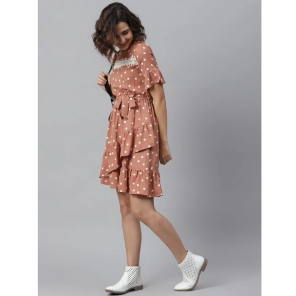 Women's Polyester Polka Bell Sleeve Above Knee Dress (Brown) - L