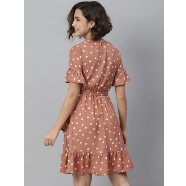 Women's Polyester Polka Bell Sleeve Above Knee Dress (Brown) - L