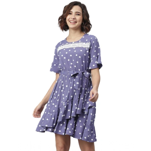 Women's Polyester Polka Bell Sleeve Above Knee Dress (Lavender) - S